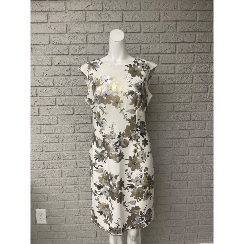 Tacera Women Sleeveless Gold & Silver Foil Floral Sheath Dress Size 10